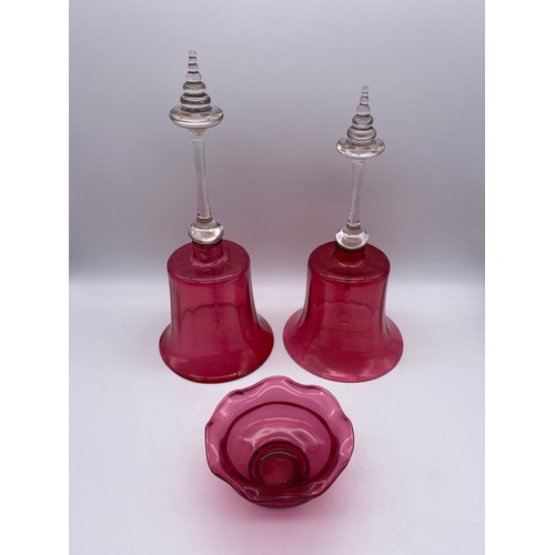 476 - 19TH CENTURY CRANBERRY GLASS GRADUATED BELLS AND CRIMPED DISH