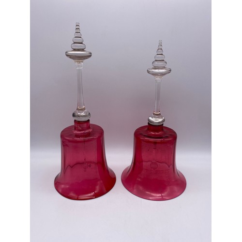 476 - 19TH CENTURY CRANBERRY GLASS GRADUATED BELLS AND CRIMPED DISH