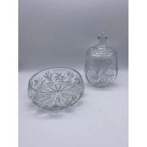 477 - HEAVY CUT GLASS FRUIT BOWL AND ETCHED BISCUIT BARREL