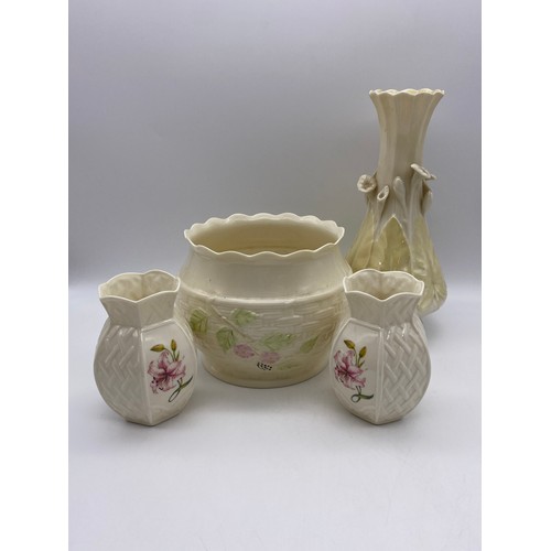 479 - FOUR PIECES OF BELLEEK CREAMWARE PORCELAIN INCLUDING LATTICE PANEL BALUSTER VASES, PLANTER AND A TAP... 