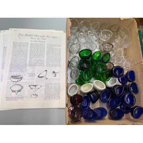 462 - GOOD SELECTION OF ANTIQUE EYE BATHS INCLUDING BRISTOL BLUE AND GREEN EXAMPLES WITH ACCOMPANYING PAPE... 