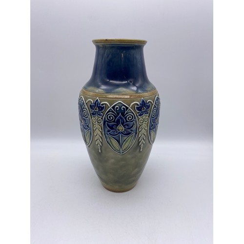 483 - ROYAL DOULTON STONEWARE BALUSTER VASE WITH APPLIED OVAL FLORAL PENDANTS AND BELL HUSKS