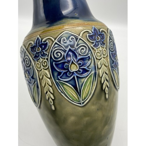 483 - ROYAL DOULTON STONEWARE BALUSTER VASE WITH APPLIED OVAL FLORAL PENDANTS AND BELL HUSKS