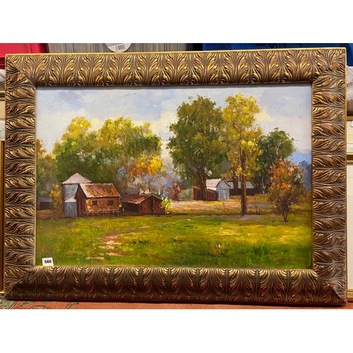 560 - 20TH CENTURY OILS ON CANVAS FARM LANDSCAPE IN ORNATE GILT FRAME SIGNED LOWER RIGHT INDESTINCT