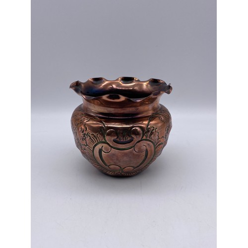 487 - ARTS AND CRAFTS COPPER WORK REPOUSE BULBOUS PLANTER WITH CRIMPED EDGE