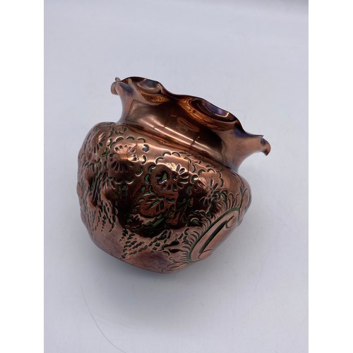 487 - ARTS AND CRAFTS COPPER WORK REPOUSE BULBOUS PLANTER WITH CRIMPED EDGE