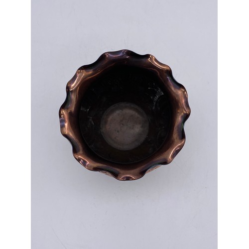 487 - ARTS AND CRAFTS COPPER WORK REPOUSE BULBOUS PLANTER WITH CRIMPED EDGE