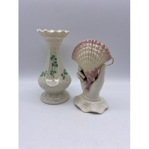 490 - SECOND PERIOD BELLEEK PORCELAIN HAND WITH SCALLOP SHELL AND A BELLEEK SHAMROCK PANELLED FLARED VASE