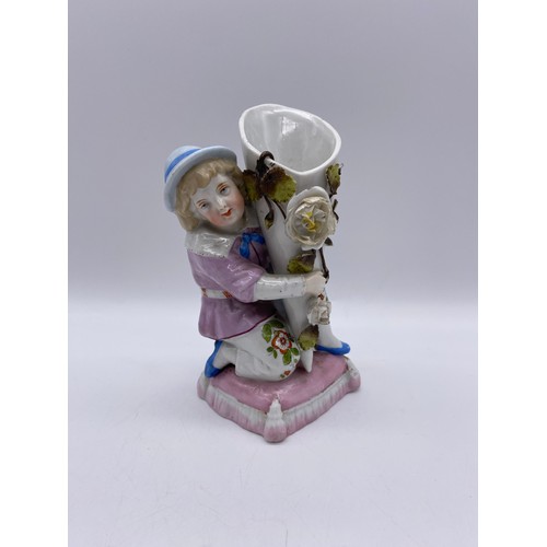 489 - PAIR OF CONTINENTAL BOY AND GIRL FIGURES, BISQUE PIANO BABY, AND A VICTORIAN FAIRING KNEELING BOY WI... 