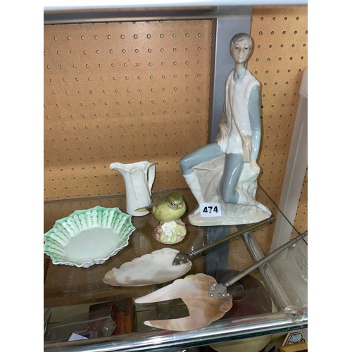 474 - NAO SEATED FIGURE, SHELLEY PIN DISH, WORCESTER LEAF JUG, AYNSLEY GREEN FINCH BIRD FIGURE