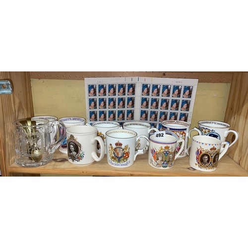 492 - SELECTION OF ROYAL COMMEMORATIVE MUGS MAINLY AYNSLEY AND A DOUBLE SHEET OF 12P QUEEN ELIZABETH THE Q... 