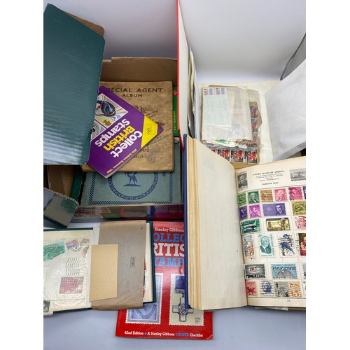 501 - SHOE BOX OF VARIOUS STAMP ALBUMS AND POSTAGE STAMP BOOK