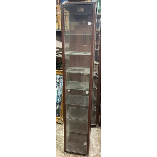 72 - DARK WOOD TOWER DISPLAY CABINET WITH GLASS SHELVES AND ILLUMINATED POWER PACK