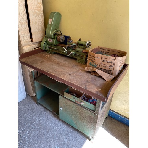 187 - GREEN METAL WORK BASE BENCH WITH MYFORD LATHE AND VARIOUS ACCESSORIES