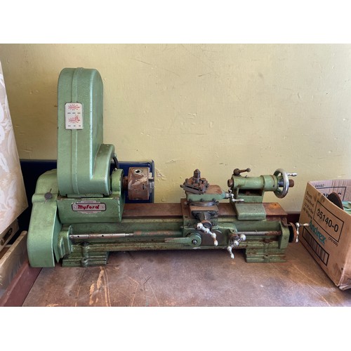 187 - GREEN METAL WORK BASE BENCH WITH MYFORD LATHE AND VARIOUS ACCESSORIES