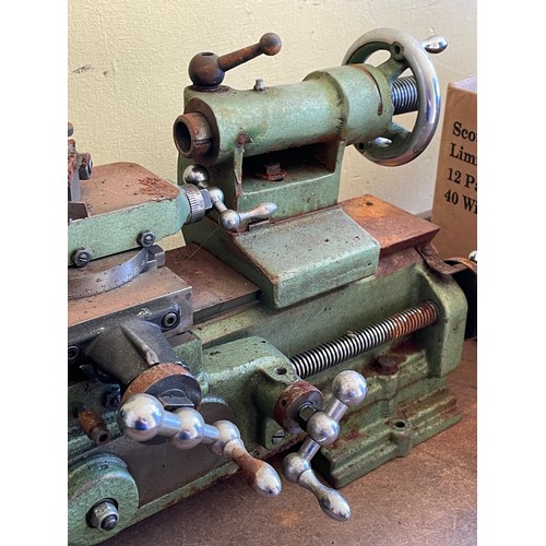 187 - GREEN METAL WORK BASE BENCH WITH MYFORD LATHE AND VARIOUS ACCESSORIES