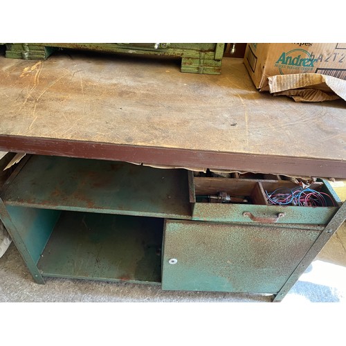 187 - GREEN METAL WORK BASE BENCH WITH MYFORD LATHE AND VARIOUS ACCESSORIES