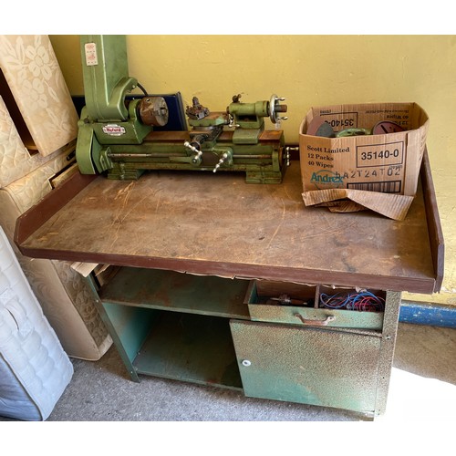 187 - GREEN METAL WORK BASE BENCH WITH MYFORD LATHE AND VARIOUS ACCESSORIES