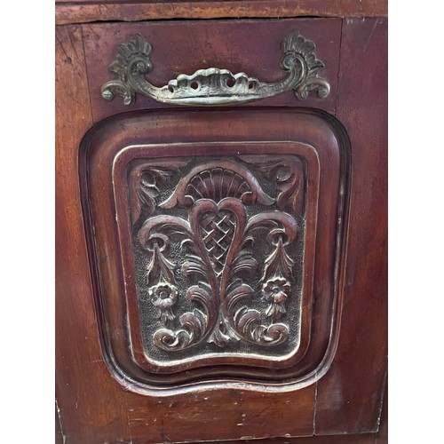 131 - EDWARDIAN WALNUT PURDONIUM WITH CARVED PANEL AND METAL MOUNTS