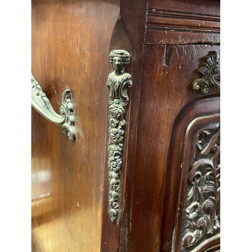 131 - EDWARDIAN WALNUT PURDONIUM WITH CARVED PANEL AND METAL MOUNTS