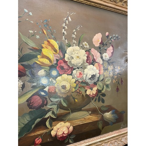 83 - 20TH CENTURY OIL ON CANVAS SIGNED BROOKES STILL LIFE OF FLOWERS IN GILT FRAME