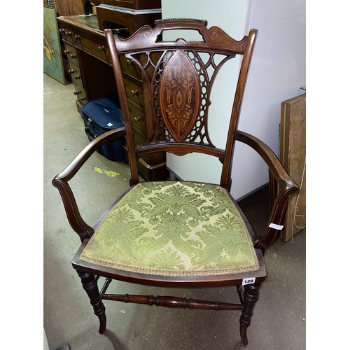 128 - EDWARDIAN BEECH BOX WOOD AND MARQUETRY LOZENGE PANEL ELBOW CHAIR