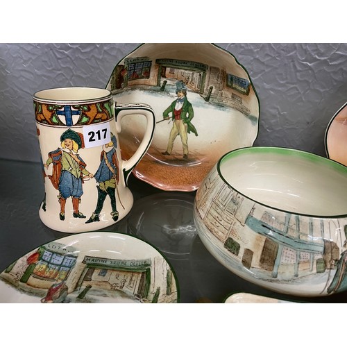 217 - ROYAL DOULTON DICKENSWARE FAGIN BOWL, RECTANGULAR AND CRESCENT DISHES, AND ROYAL DOULTON CAVALIER TA... 