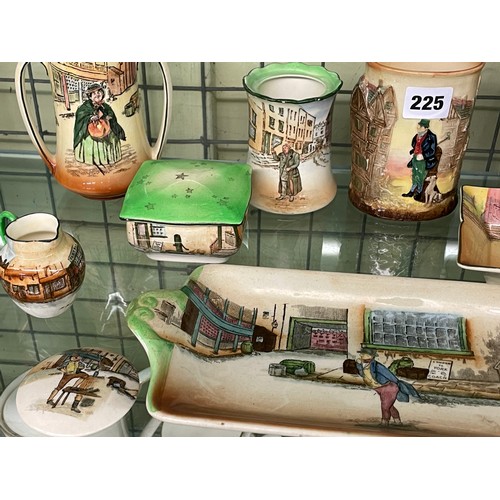 225 - ROYAL DOULTONS DICKENSWARE - OBLONG TRAY, PIN DISH AND COVER, MINIATURE JUG, PLAQUES