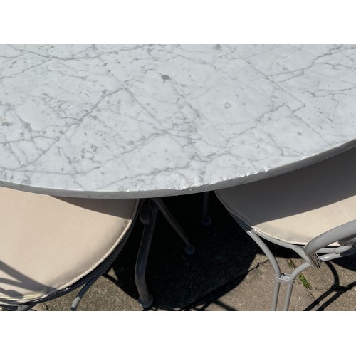 150B - WHITE MARBLE CIRCULAR TOPPED PATIO TABLE WITH TUBULAR METAL BASE WITH SIX CHAIRS WITH REMOVABLE NEPT... 