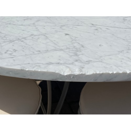 150B - WHITE MARBLE CIRCULAR TOPPED PATIO TABLE WITH TUBULAR METAL BASE WITH SIX CHAIRS WITH REMOVABLE NEPT... 