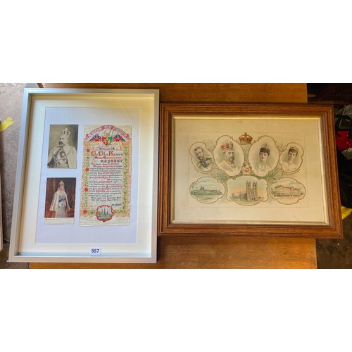 557 - CITY OF COVENTRY SILK WITH ROYAL PHOTO CARDS FRAMED AND GLAZED, KING EDWARD VII AND QUEEN ALEXANDRA ... 