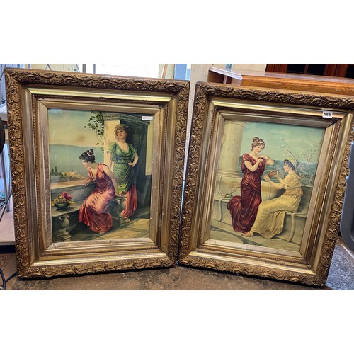 568 - PAIR OF EDWARDIAN LITHOGRAPHIC PRINTS OF FEMALES ON A TERRACE IN GILT SWEPT FRAMES