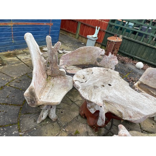 93 - DRIFT WOOD GARDEN TABLE WITH THREE CHAIRS AND A SMALL BENCH