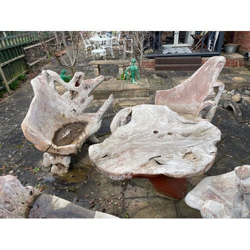 93 - DRIFT WOOD GARDEN TABLE WITH THREE CHAIRS AND A SMALL BENCH