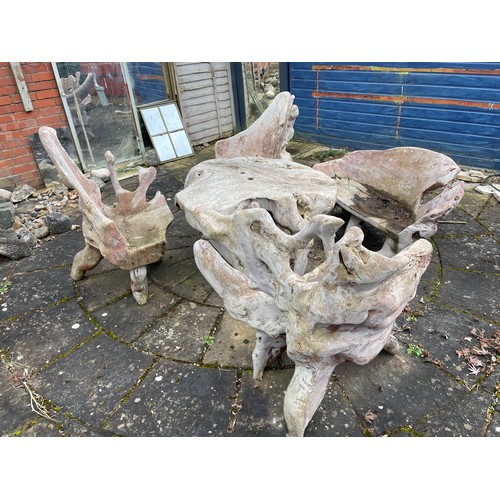 93 - DRIFT WOOD GARDEN TABLE WITH THREE CHAIRS AND A SMALL BENCH