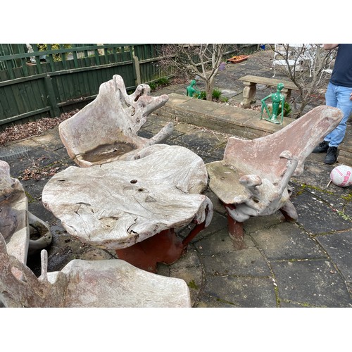 93 - DRIFT WOOD GARDEN TABLE WITH THREE CHAIRS AND A SMALL BENCH