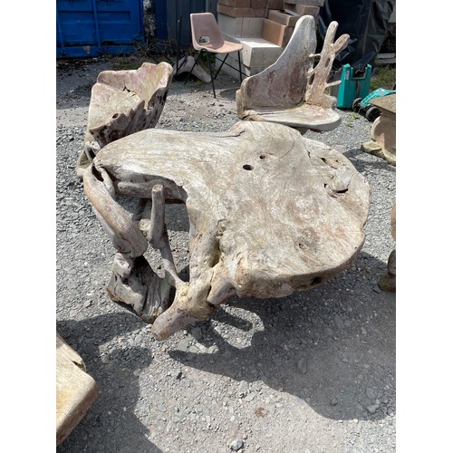 93 - DRIFT WOOD GARDEN TABLE WITH THREE CHAIRS AND A SMALL BENCH