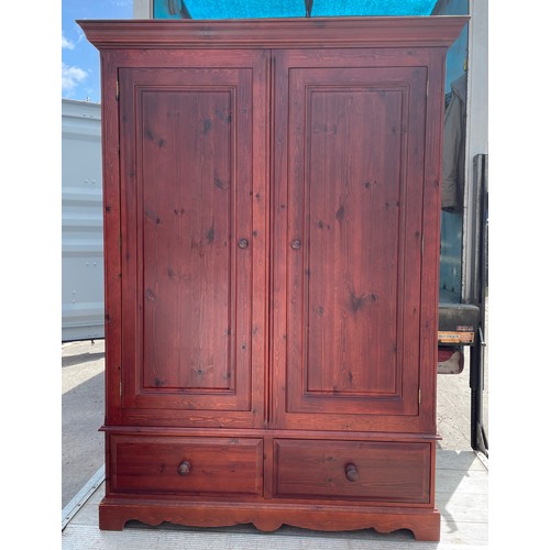 80 - STAINED PINE DOUBLE WARDROBE WITH DRAWERS
