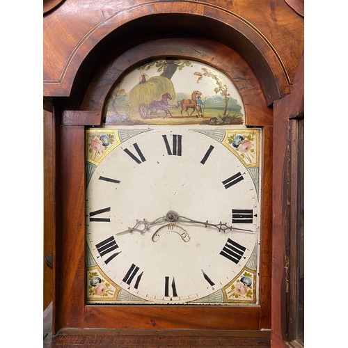 13 - 19TH CENTURY OAK AND MAHOGANY INLAID LONGCASE 30 HOUR MOVEMENT CLOCK WITH A PAINTED ENAMEL DIAL