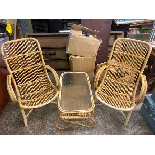 156 - BAMBOO AND CANE SUMMER HOUSE CHAIRS WITH SMALL TABLE