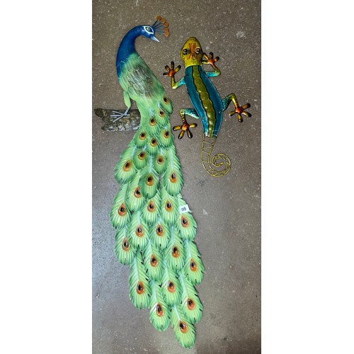 95 - DECORATIVE METAL PEACOCK AND LIZARD WALL HANGINGS