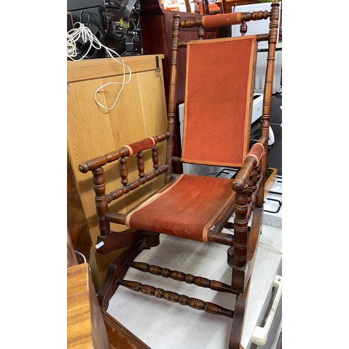 96 - 19TH CENTURY BEECH TURNED COLONIAL STYLE ROCKING ARMCHAIR