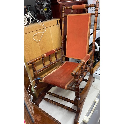 96 - 19TH CENTURY BEECH TURNED COLONIAL STYLE ROCKING ARMCHAIR