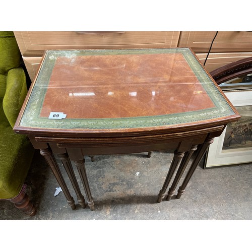 69 - LEATHER GLASS TOPPED NEST OF TABLES