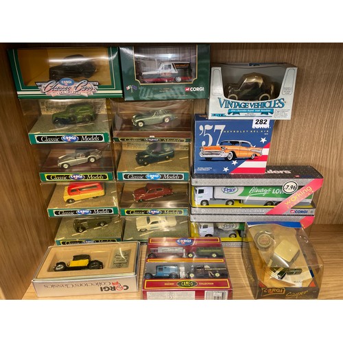 282 - SHELF OF MINT AND BOXED CLASSIC CORGI MODELS INCLUDING 57 CHEVROLET AND VINTAGE VEHICLES