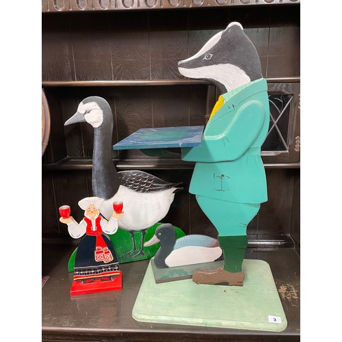 3 - PAINTED GENTLEMAN BADGER DUMB WAITER AND PAINTED DUCK STANDS