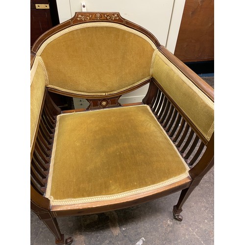 163 - EDWARDIAN MAHOGANY AND MARQUETRY INLAID UPHOLSTERED ARMCHAIR