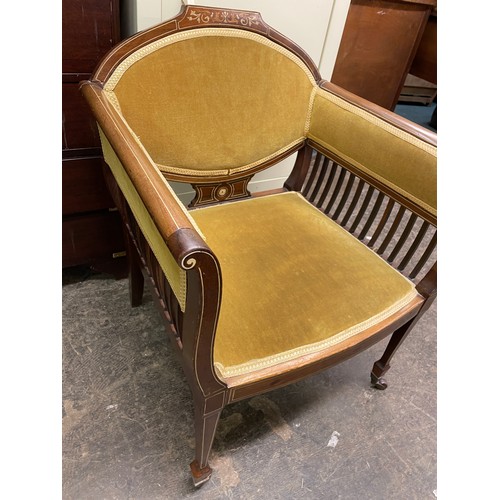 163 - EDWARDIAN MAHOGANY AND MARQUETRY INLAID UPHOLSTERED ARMCHAIR