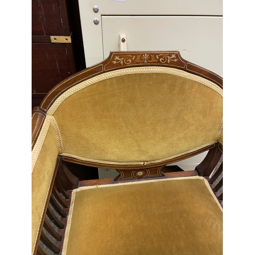 163 - EDWARDIAN MAHOGANY AND MARQUETRY INLAID UPHOLSTERED ARMCHAIR