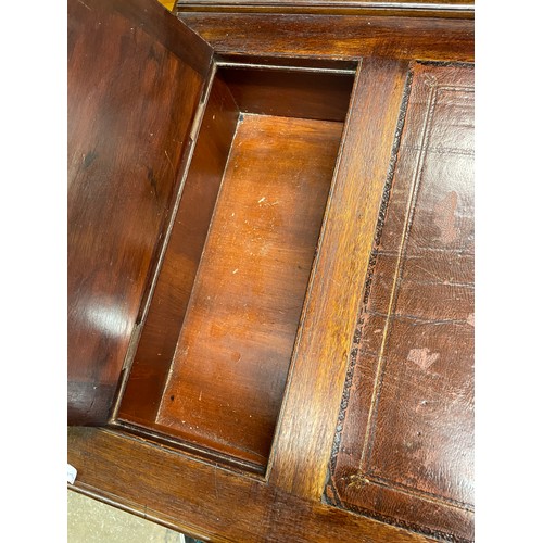 73 - EDWARDIAN MAHOGANY KNEEHOLE DESK WITH LEATHER SKIVER GALLERY BACK AND BLIND FRET CARVED DRAWER FRONT... 